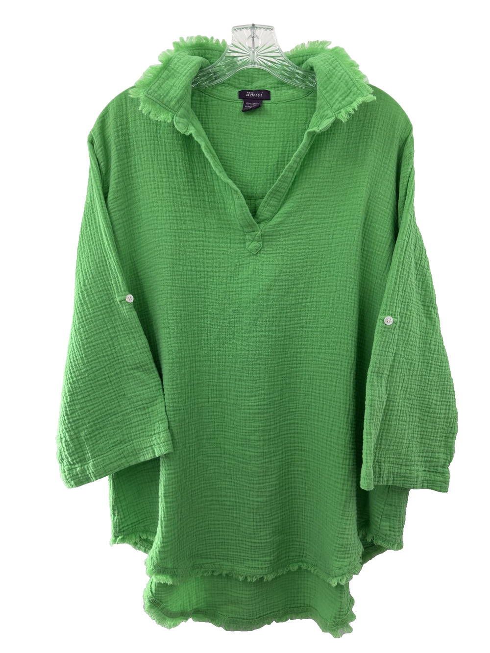 Pure Amici Women's Bright Green Gauze 3/4 Sleeve Popover Tunic Top Sz Medium